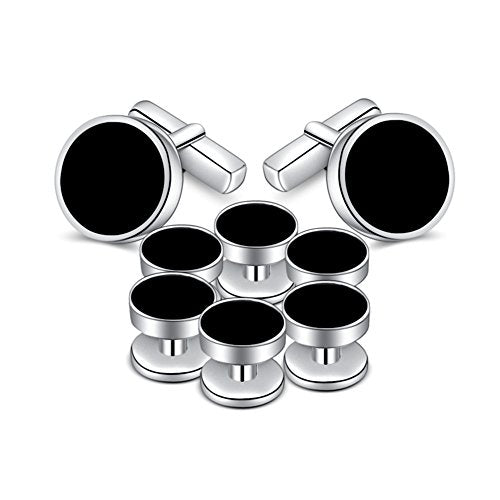 Mens Onyx Cufflinks and Studs Set Silver Black Cufflinks for Men Tuxedo Shirts Business Wedding Gift