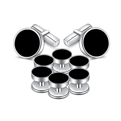 Mens Onyx Cufflinks and Studs Set Silver Black Cufflinks for Men Tuxedo Shirts Business Wedding Gift