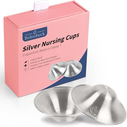Boboduck The Original Silver Nursing Cups - Nipple Shields for Nursing Newborn, Newborn Breastfeeding Must Haves for Soothe and Protect Your Nursing Nipples - Trilaminate 999 Silver (X-L Size) - size: X-L Size