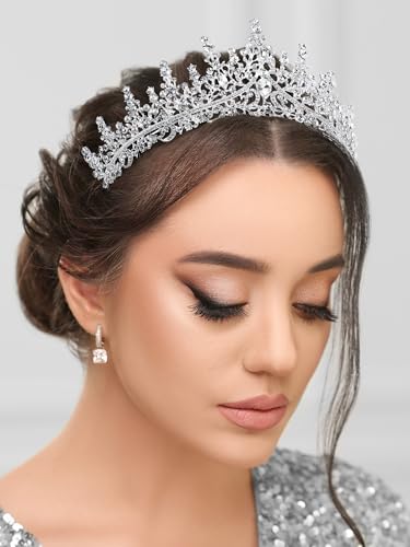 SWEETV Crystal Wedding Tiara for Women, Royal Queen Crown Headband, Rhinestone Princess Hair Accessories for Prom Birthday - color: 0.Silver