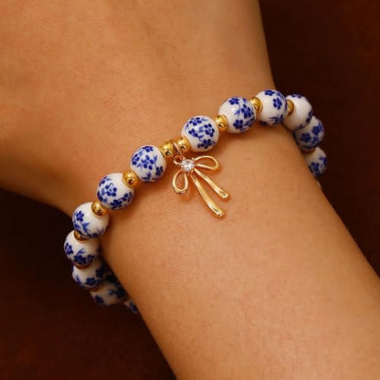 3PCS Bow Beaded Jewelry Set for Women Vintage Handmade Flower Blue And White Porcelain Enamel Ribbon Necklace Bracelet and Earrings Bow Christmas Birthday Holiday Charm Romantic Jewelry Gifts - style: Style A