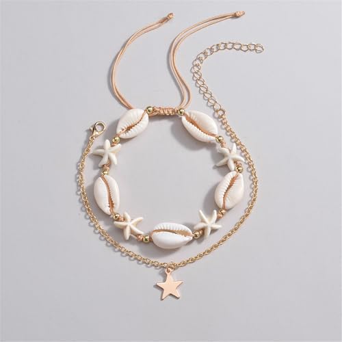 Shell Ankle Bracelet Set for Women,Boho Adjustable Beads Anklet Pack Natural White Shells Stack Stretch Seashell Pearl Starfish Bracelet Set Hawaiian Beach Vacation Foot Jewelry - style: M-Starfish Shell