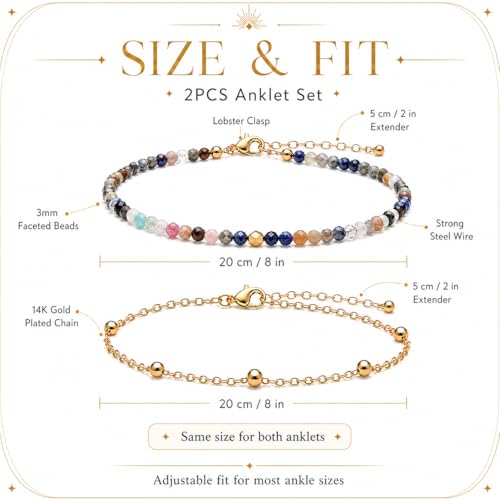 2Pcs Beaded Anklets for Women, Natural Stone Bead Ankle Bracelets with 14K Gold Plated Chain, Waterproof Adjustable Layered Anklet Set, Boho Beach Summer Jewelry Gift - color: Rainbow Crystal