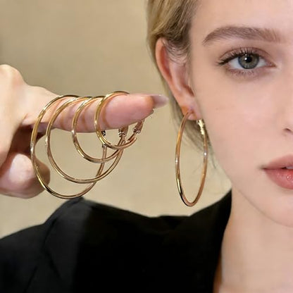 4 Pairs Silver Hoop Earrings for Women 30/40/50/60mm | Hypoallergenic, Stainless Steel, Big Thin Lightweight, Dangle Set - color: 4 Pairs Gold-30/40/50/60mm