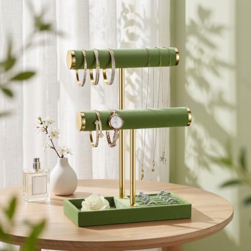 bussdis 2 Tier Bracelet Holder Display, Necklace Holder Organizer, Green | Velvet Necklace Holder | Jewelry Tree | Jewelry Towers | Jewelry Stand Organizer for Necklaces, Bracelets, Earrings, Rings - color: Green