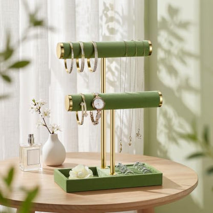 bussdis 2 Tier Bracelet Holder Display, Necklace Holder Organizer, Green | Velvet Necklace Holder | Jewelry Tree | Jewelry Towers | Jewelry Stand Organizer for Necklaces, Bracelets, Earrings, Rings - color: Green