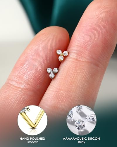 COCHARM Minimalist Titanium Nose Stud, 20g L Shape Flower Nose Ring Stud Cute G23 Titanium Surgical Steel Silver Nostril Piercing with Clear CZ Hypoallergenic - style: TripleCZ-Silver