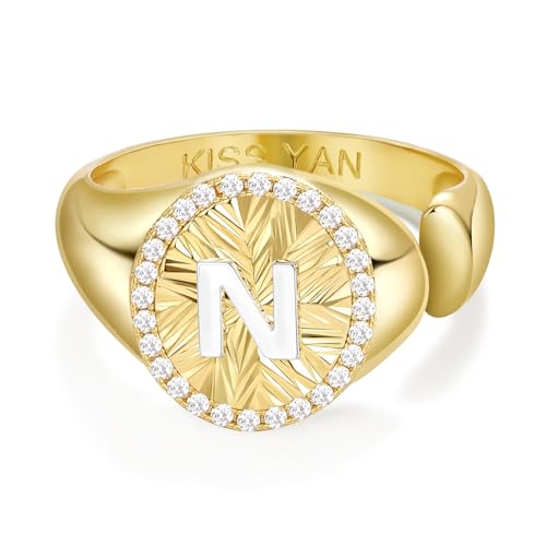 KissYan 14K Gold Plated Initial Ring for Women | Adjustable CZ Halo Letter Signet Ring, Personalized Monogram Statement Jewelry Gift, Tarnish Resistant - style: Letter N