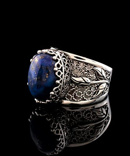 Filigranist 925 Sterling Silver Filigree Art Lace Embroidery Tulip Detailed Gemstone Women Cocktail Ring, Luxurious Gift Boxed - color: Lapis Lazuli