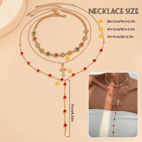 Layered Cross Necklace Set for Women, Layered Choker Necklaces Trendy Jewelry, Colorful Enamel Beaded Y-Shaped Lariat Necklace, Boho Multilayer Cross Necklace for Party and Daily Wear - color: Gold-04