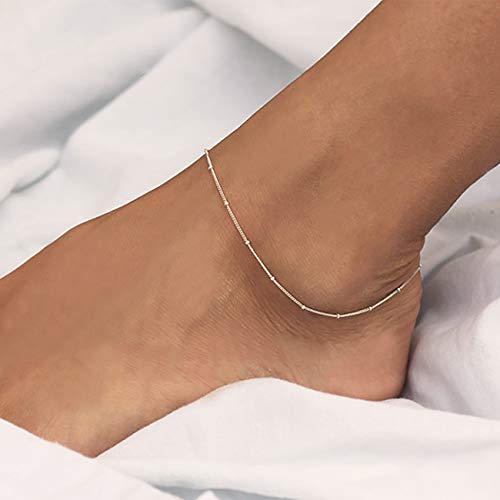 MEVECCO Anklet for Women Gold Chain 14K Gold Plated Dainty Boho Beach Summer Simple Foot Jewelry Ankle Bracelet - style: Silver Bead