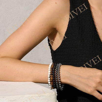 Bivei 6mm Beaded Bracelets for Women Handmade Semi Precious Natural Stone Stretch Elastic Jewelry Yoga Protection Gifts - color: Black Tourmaline - Protection & Grounding, size: Large 8-8.27 inch