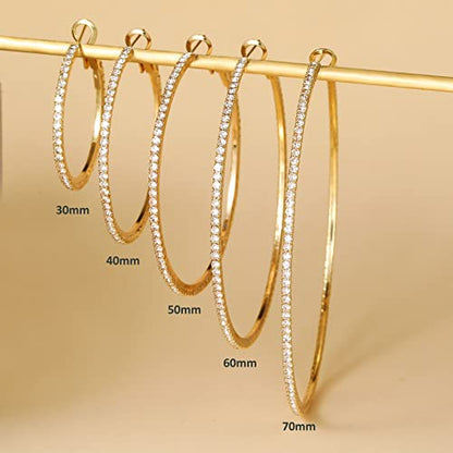 925 Sterling Silver Earrings Large Rhinestone Hoop Earrings Big Cubic Zirconia Hoop Earrings Thin Rhinestones Round Hoop Earrings for Women 20/30/40/50/60/70mm Sparkly Hoops With Crystals for Womens - color: Gold,30mm