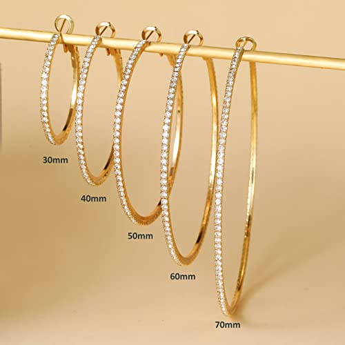 925 Sterling Silver Earrings Large Rhinestone Hoop Earrings Big Cubic Zirconia Hoop Earrings Thin Rhinestones Round Hoop Earrings for Women 20/30/40/50/60/70mm Sparkly Hoops With Crystals for Womens - color: Gold,50mm
