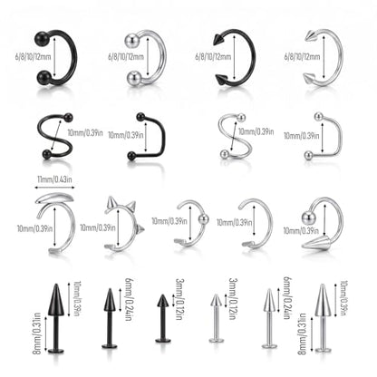 36Pcs Stainless Steel Lip Rings, Snake Bite Piercing Labret Jewelry | Women Men, Horseshoe Labret Jewelry, Lip Barbell Ring, Lips Piercing Jewelrys, Lip-Piercing Jewelries