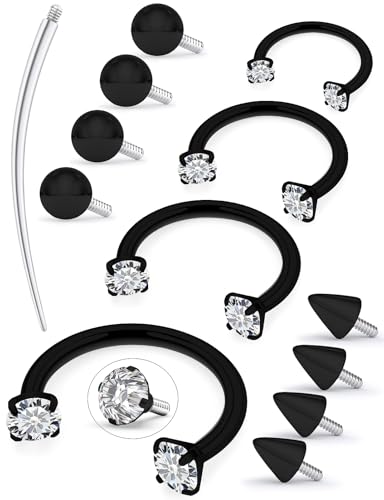 Oufksiyy Horseshoe Nose Ring Surgical Steel internal thread Double Gem Stud Nose Rings 16g Black Gold Lip Rings Cubic Zirconia Daith Septum Piercing Jewelry for Women Inner Diameter 6/8/10/12mm - color: black horseshoe rings 16G 6-12MM