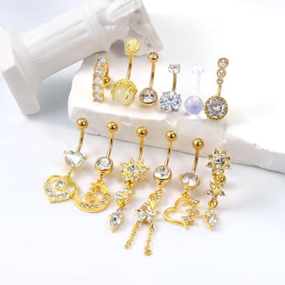 14G Dangle Belly Button Ring Piercing Jewelry 316L Stainless Surgical Steel Heart Flower CZ Reverse Navel Rings Dangling Belly Button Ring Piercing Jewelry for Women 14 Gauge Hypoallergenic - style: 12Pcs Gold