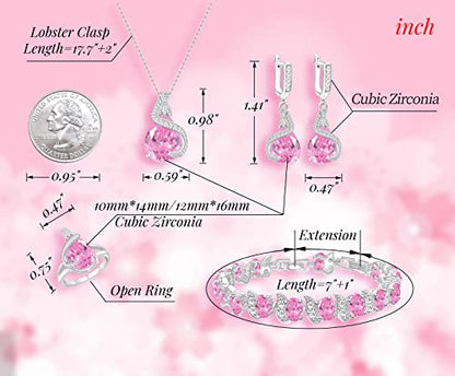 GZWHD Jewelry Set for Women Water Drop Cubic Zirconia Artificial Crystal Earrings Pendant Necklace Open Ring Tennis Bracelet Wedding Anniversary Birthday Engagement Gift for Bridesmaid Wife Girlfriend Friend - color: Pink
