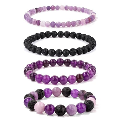 Vinswet 4pcs Beaded Bracelets for Women,Natural Healing Crystal Gemstones Bracelet,Anxiety Stress Relief Bracelet Handmade purple Jewelry Gifts for Women - color: Lepidolite&Lava Rock&Amethyst