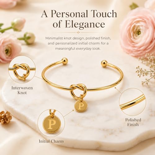 LemonRose Initial Bracelets for Women - Dainty Tie the Knot Letter A-Z 14K Gold Plated for Women Gold Cuff Bracelet for Womens Jewelry Personalized Bridesmaid Proposal Gifts - color: Gold P