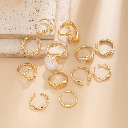 Gold Rings for Women Non Tarnish Boho Stackable Adjustable Open Rings Set Finger Knuckle Stacking Ring Packs Jewelry Gift - color: Gold Pearl Rings 12Pcs