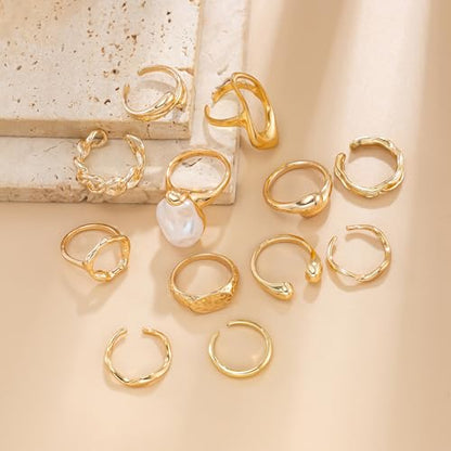 Gold Rings for Women Non Tarnish Boho Stackable Adjustable Open Rings Set Finger Knuckle Stacking Ring Packs Jewelry Gift - color: Gold Pearl Rings 12Pcs
