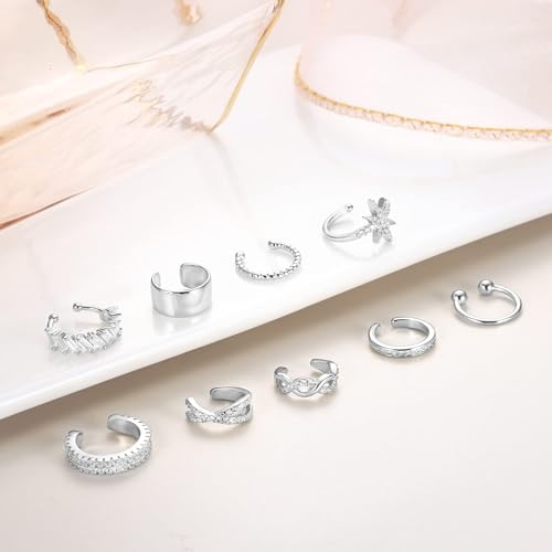 9Pcs Ear Cuff 14K Gold Plated Cuff Earrings Gold Ear Cuffs Non Pierced | Fake Conch Cartilage Earrings Ear-Clips Minimalist Non Piercing Delicate Clip-on Ear Cuffs Stackable Set - style: A-9pcs-Silver