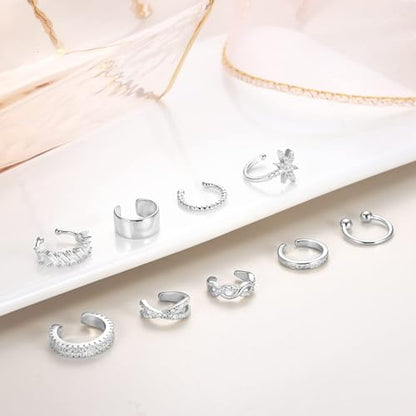 9Pcs Ear Cuff 14K Gold Plated Cuff Earrings Gold Ear Cuffs Non Pierced | Fake Conch Cartilage Earrings Ear-Clips Minimalist Non Piercing Delicate Clip-on Ear Cuffs Stackable Set - style: A-9pcs-Silver