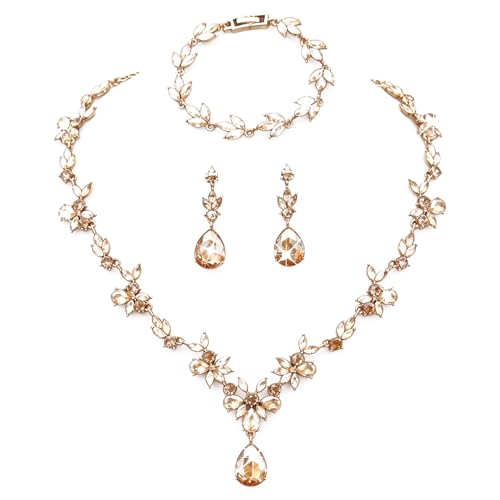Kamirola Bridal Jewelry Set, Jewelry Set for Women, Necklace Dangle Earrings Bracelet Set, White Gold Plated (TR76) - color: Champagne