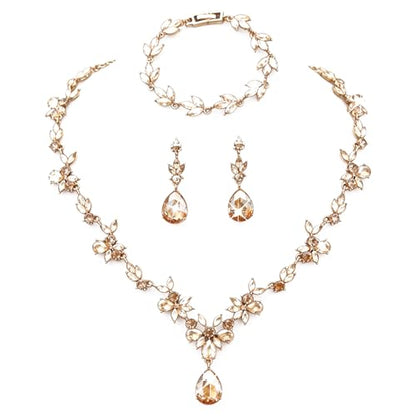 Kamirola Bridal Jewelry Set, Jewelry Set for Women, Necklace Dangle Earrings Bracelet Set, White Gold Plated (TR76) - color: Champagne
