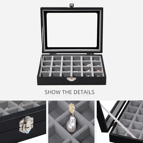 Wudygirl 24 Grid Earring Organizer Small Jewelry Box with Lid BlackGray | Ring Box with Adjustable Dividers, Velvet Lining, Ideal for Rings, Earrings, Jewelry Display, Gift Giving - style: Black Gray 24 Grid