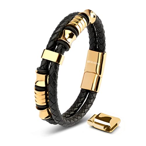 SERASAR Premium Leather Bracelet Men | Stainless Steel Magnetic Clasp | Three Colors | Jewelry Box Included - color: Gold, size: 17cm, style: Spirit