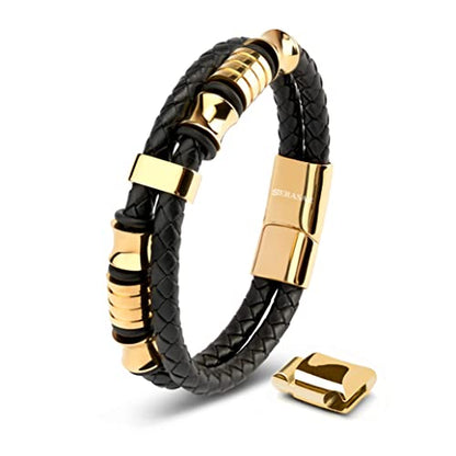 SERASAR Premium Leather Bracelet Men | Stainless Steel Magnetic Clasp | Three Colors | Jewelry Box Included - color: Gold, size: 17cm, style: Spirit
