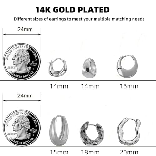 6 Pairs Gold Hoop Earrings Set for Women, 14K Gold Plated Huggie Chunky Earring Variety Pack, Hypoallergenic Thick Jewelry Gift - color: Silver Color