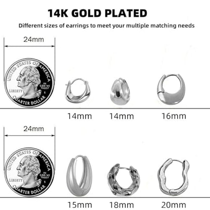 6 Pairs Gold Hoop Earrings Set for Women, 14K Gold Plated Huggie Chunky Earring Variety Pack, Hypoallergenic Thick Jewelry Gift - color: Silver Color