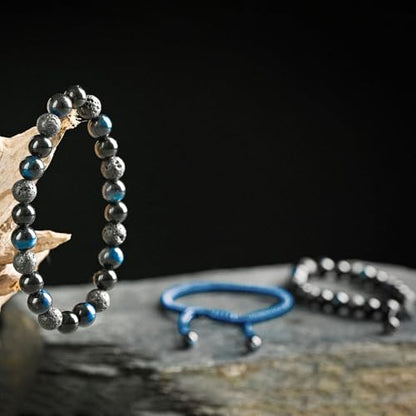 SAMXY Triple Protection Bracelet, 8mm Healing Crystal Bead Bracelet, 3pcs Blue Red Tiger's Eye Obsidian Hematite Bracelet Women Men - color: 3pcs-Blue