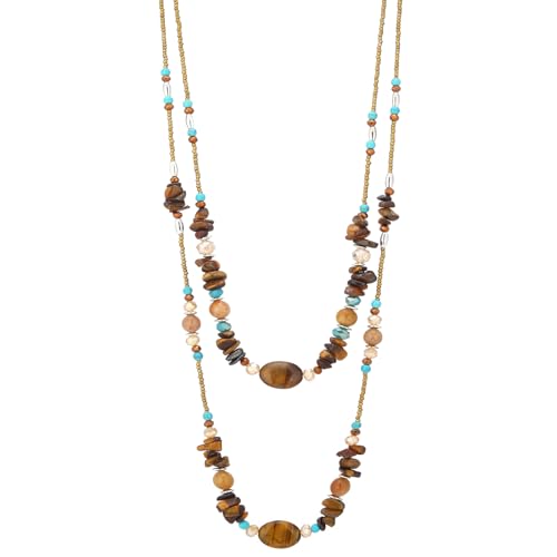 Noessla Boho Long Beaded Necklaces for Women Double Layer Chunky Irregular Stone Beads Strand Statement Jewelry Mothers Day Gifts - color: Brown