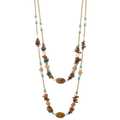 Noessla Boho Long Beaded Necklaces for Women Double Layer Chunky Irregular Stone Beads Strand Statement Jewelry Mothers Day Gifts - color: Brown