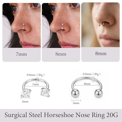 Titanium Horseshoe Nose Ring 20g, Gold Silver Nose Rings Hoops with Double CZ Gems Hypoallergenic Septum Ring for Women Men, Small Cartilage Helix Tragus Daith Labret Piercing Jewelry 7mm 8mm 9mm - color: Silver-Ball+CZ