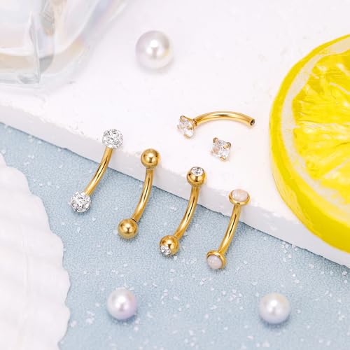 5PCS 14G 316L Stainless Steel Small Belly Button Rings for Women Tiny Simple Internally Threaded Navel Rings Hypoallergenic Petite CZ Opal Eyebrow Lip Daith Rook Piercing Jewelry 6-16MM - color: Gold, size: Bar Length：14MM ( long )