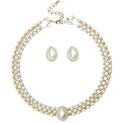S SUSANN Costume Layered Twisted Gold Pearl Necklace Choker Chunky Glass Statement Pearl Necklace and Earring set, good gift for women Faux pearl necklace set - style: AB shell charm pearl necklace