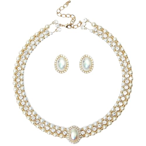 S SUSANN Costume Layered Twisted Gold Pearl Necklace Choker Chunky Glass Statement Pearl Necklace and Earring set, good gift for women Faux pearl necklace set - style: AB shell charm pearl necklace