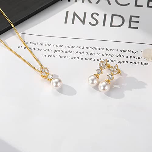 Wedding Jewelry for Bride Bridesmaid, Pearl Dangle Earrings and Pendant Necklace Set Bridal Jewelry for Promise Wedding Party - color: 4.2#gold-Necklace/Earrings