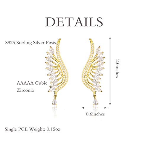 CZ Bridal Earrings for Wedding - 14k Plated Sterling Silver Elegant Teardrop Cubic Zirconia Crystal Rhinestone Floarl Leaf Cluster Chandelier Statement Dangle Drop Earrings for Bride Bridesmaids Party - color: Big Wing - Gold