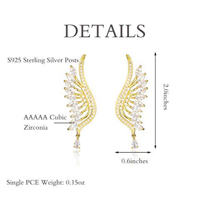 CZ Bridal Earrings for Wedding - 14k Plated Sterling Silver Elegant Teardrop Cubic Zirconia Crystal Rhinestone Floarl Leaf Cluster Chandelier Statement Dangle Drop Earrings for Bride Bridesmaids Party - color: Big Wing - Gold