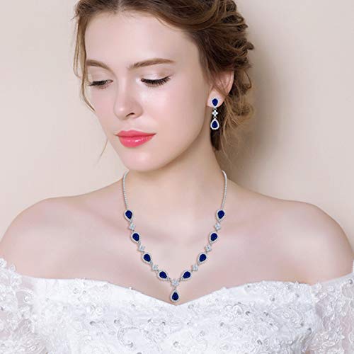 EleQueen Women's Silver-Tone Cubic Zirconia Teardrop Flower Bridal V-Necklace Sets Tennis Bracelet Dangle Earrings for Wedding Bridesmaids - color: Sapphire Color