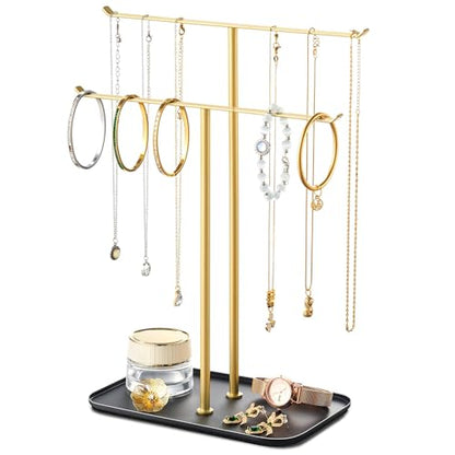 pickpiff Necklace Holder Jewelry Organizer Stand – 2‑Tier T‑Bar Jewelry Display Tree with Tray for Countertop Necklace Bracelet Earring Storage, Vanity Dresser Bathroom Sink, Black-Gold - color: Black-Gold