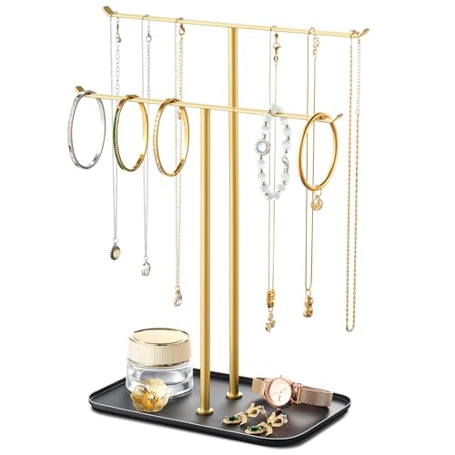 pickpiff Necklace Holder Jewelry Organizer Stand – 2‑Tier T‑Bar Jewelry Display Tree with Tray for Countertop Necklace Bracelet Earring Storage, Vanity Dresser Bathroom Sink, Black-Gold - color: Black-Gold