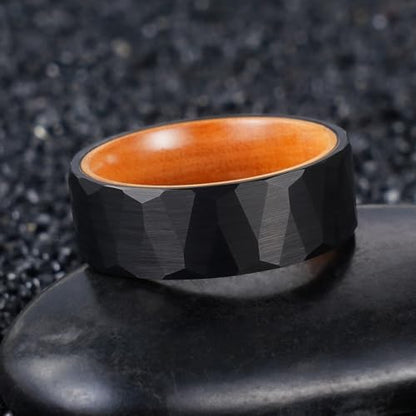 2/4/6/8mm Black/silver/gold Tungsten Rings for Men Womens Couple Fashion Jewelry Promise Engagement Wedding Band Hammered Inner ring inlaid with olive wood Carbide Polished Edge Comfort Fit - color: 8MM olive wood black