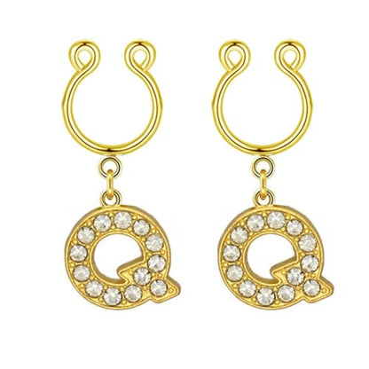 2Pcs Fake Nipple Rings Name Initial Letter Nipple Clamps for Women Non Piercing Beginner Cubic Zirconia Non Piercing Nipple Jewelry - color: Q